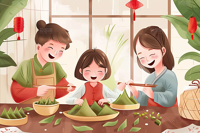 端午包粽子粽叶习俗插画