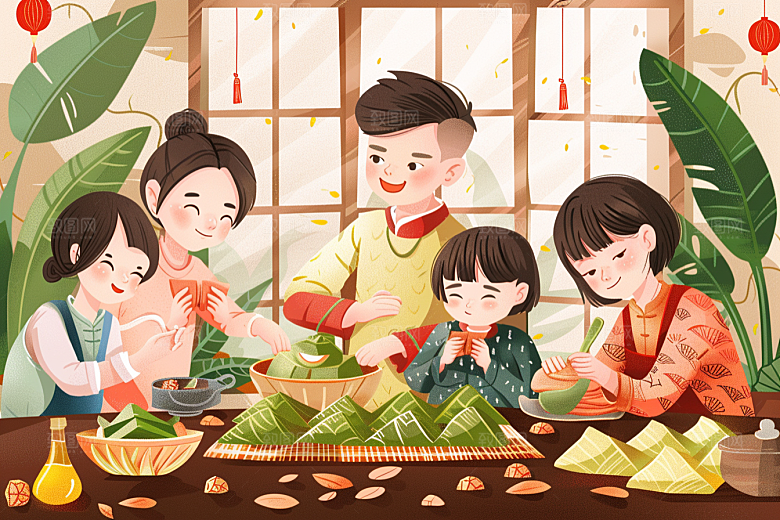 端午包粽子节日氛围阖家团聚插画
