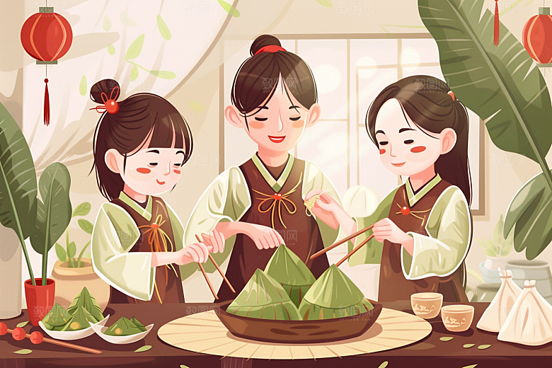 端午包粽子端午节幸福插画