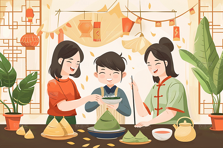 端午包粽子阖家团聚端午节插画