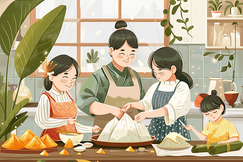 端午包粽子高清幸福插画