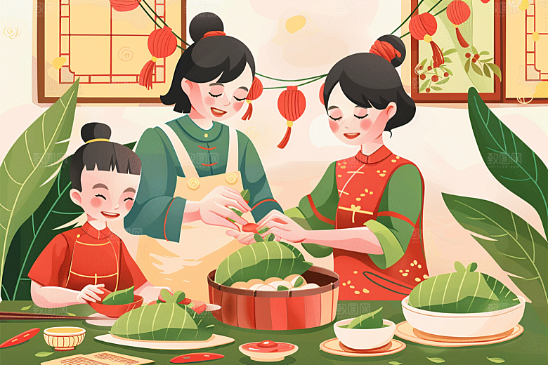 端午包粽子手绘糯米插画