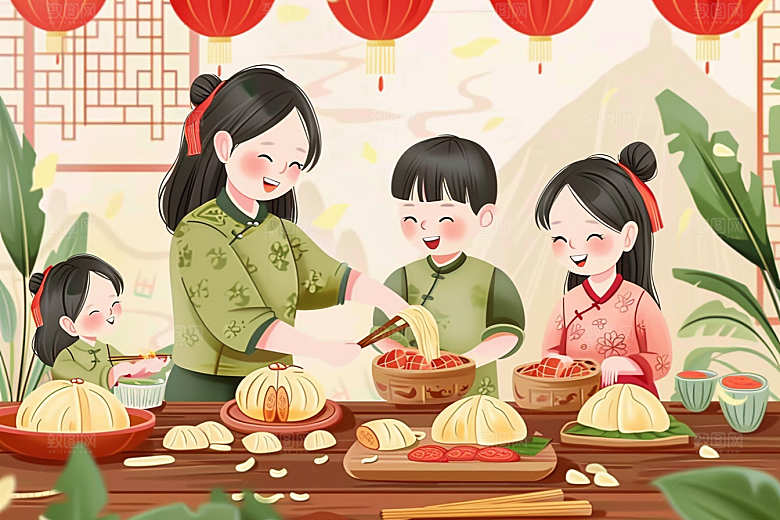 端午包粽子粽叶美味插画