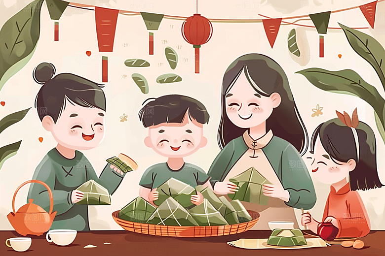 端午包粽子小吃美食插画
