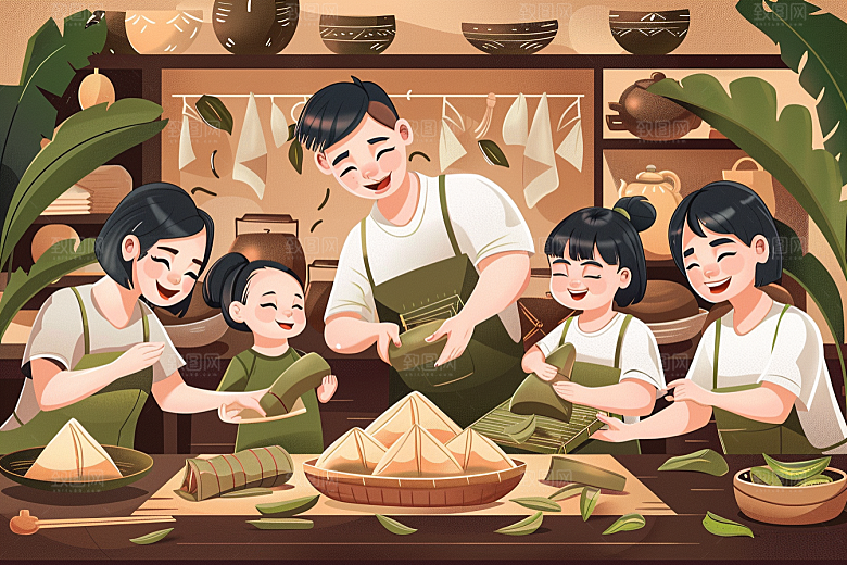 端午包粽子糯米阖家团聚插画
