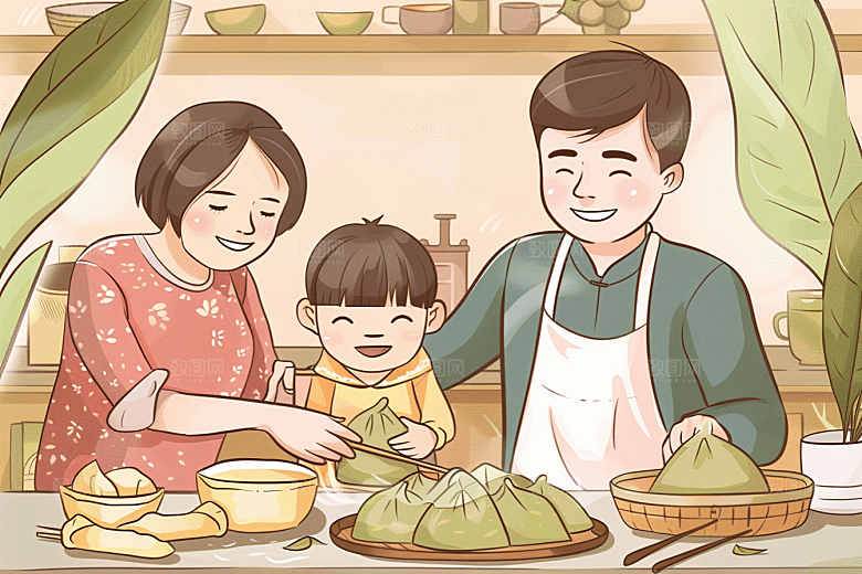 端午包粽子粽叶节日插画