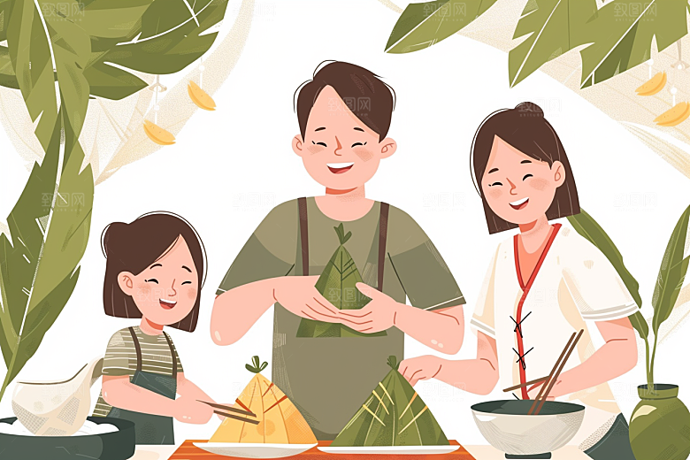 端午包粽子幸福习俗插画