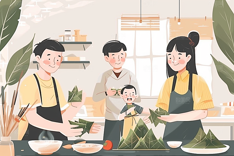 端午包粽子端午节习俗插画