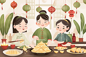端午包粽子粽叶温馨插画