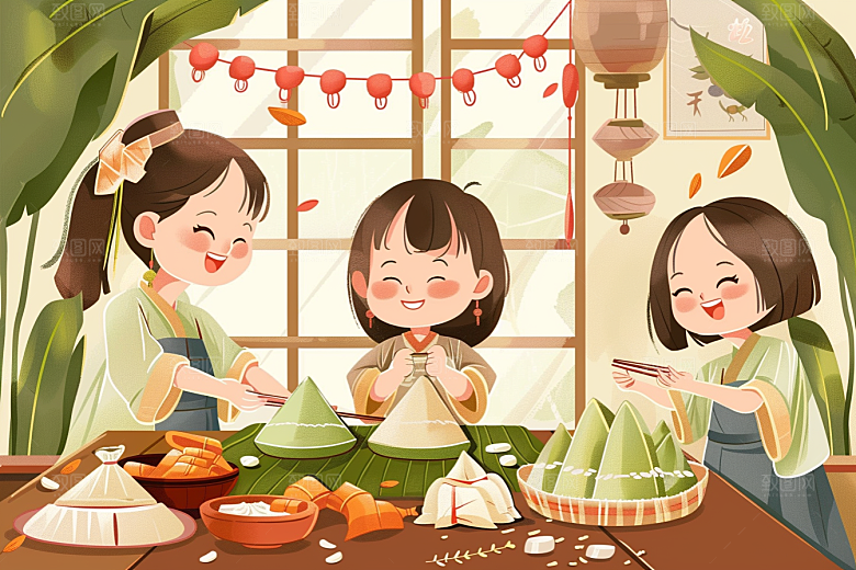 端午包粽子美味高清插画