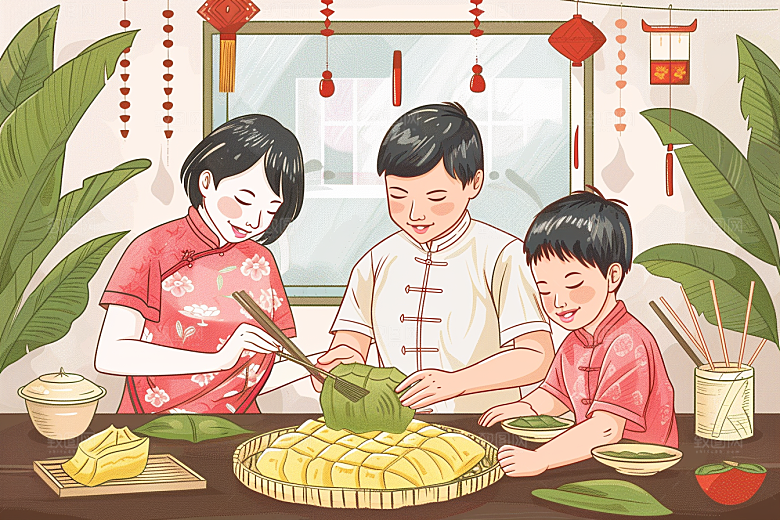 端午包粽子幸福手绘插画