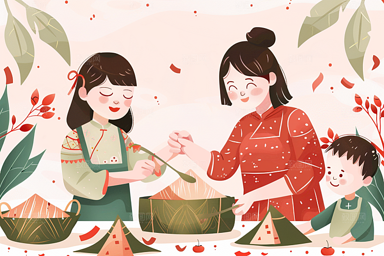 端午包粽子习俗手绘插画