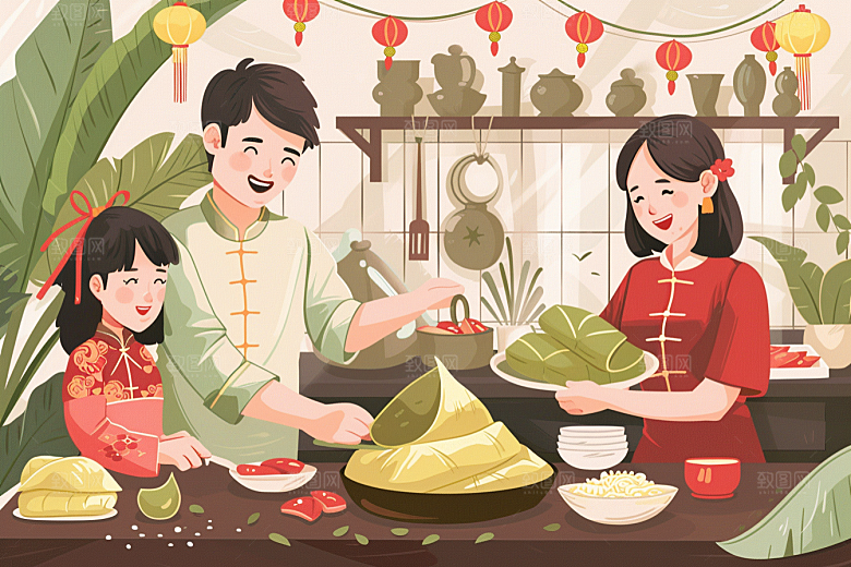端午包粽子习俗美食插画