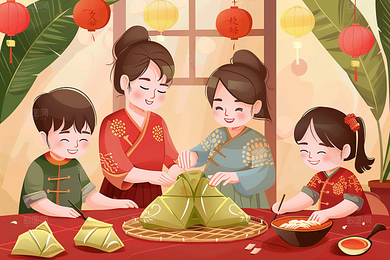 端午包粽子美食习俗插画
