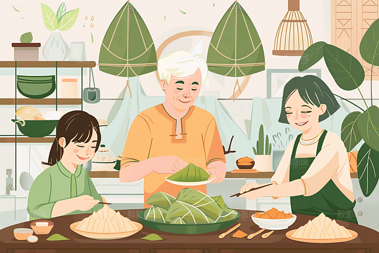 端午包粽子小吃高清插画