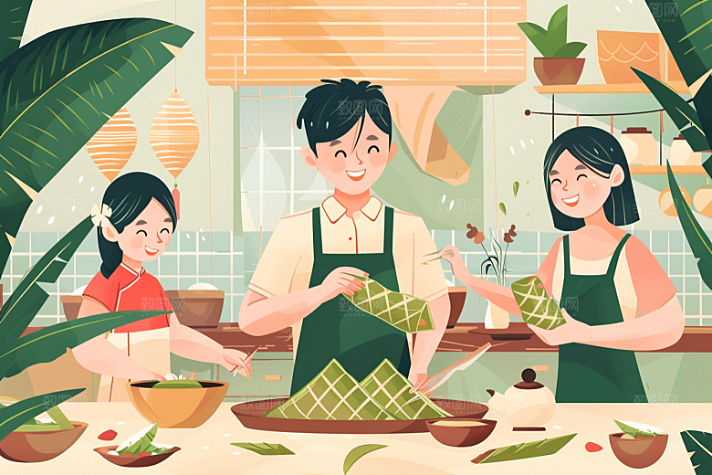 端午包粽子节日氛围传统文化插画