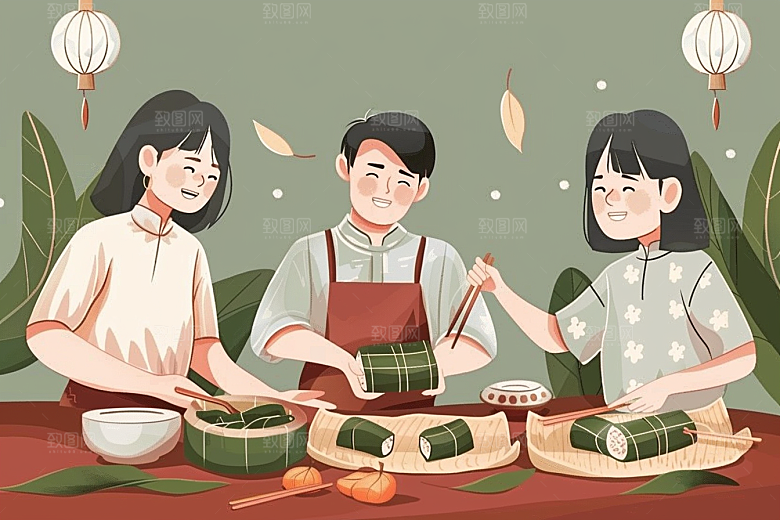 端午包粽子传统文化习俗插画
