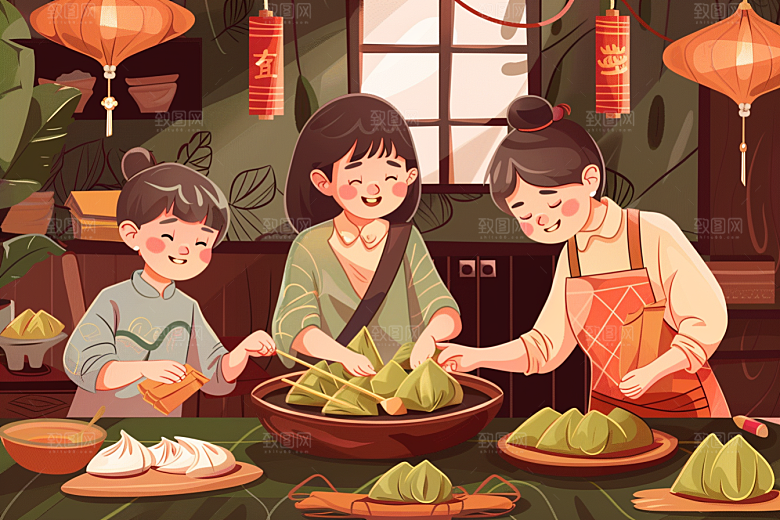 端午包粽子粽叶小吃插画