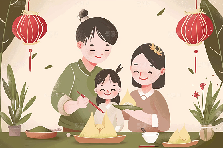 端午包粽子粽叶美食插画