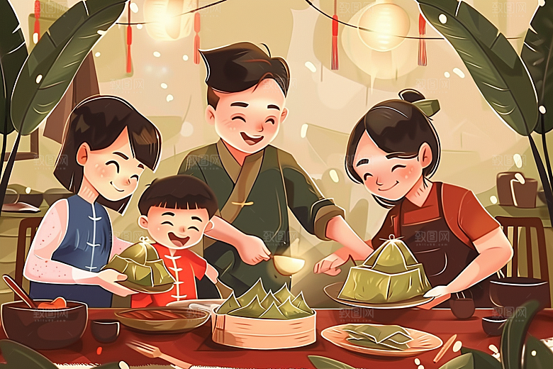 端午包粽子幸福美味插画