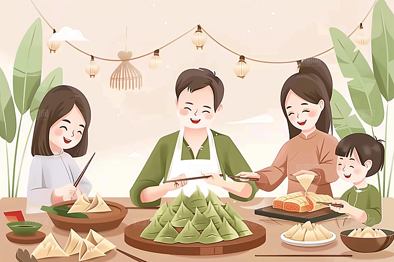 端午包粽子美味小吃插画