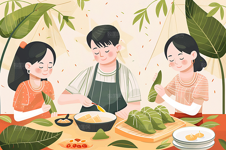 端午包粽子手绘高清插画