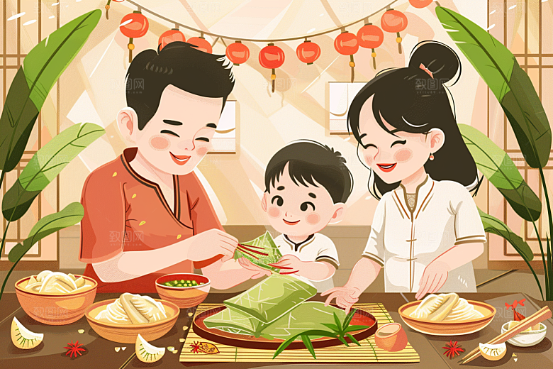 端午包粽子美味粽叶插画