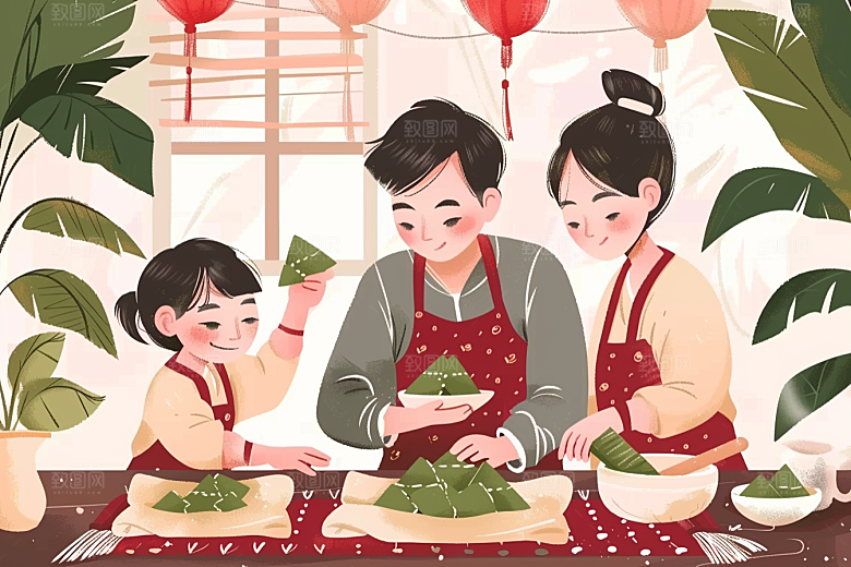 端午包粽子阖家团聚节日氛围插画