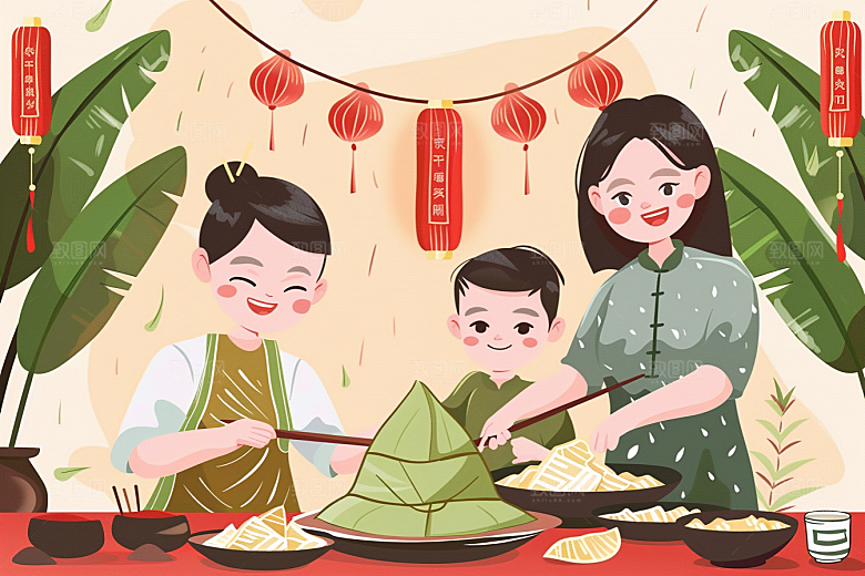 端午包粽子传统文化温馨插画
