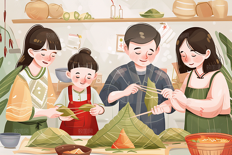 端午包粽子节日温馨插画