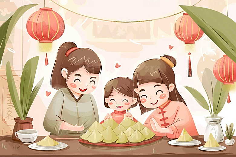 端午包粽子粽叶传统文化插画