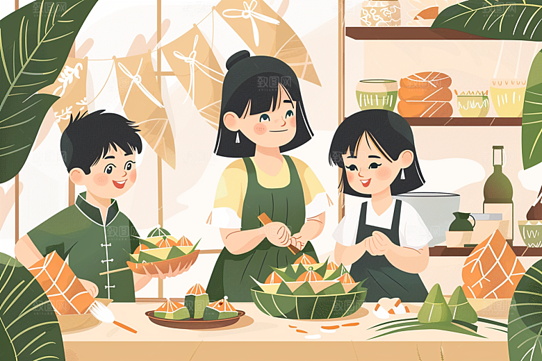 端午包粽子温馨幸福插画
