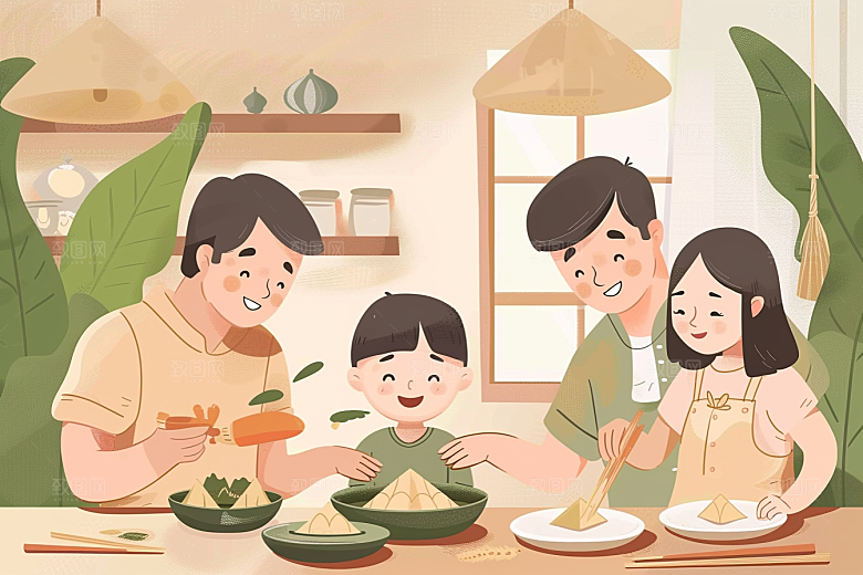 端午包粽子阖家团聚温馨插画