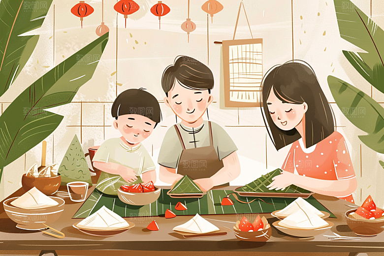 端午包粽子习俗温馨插画