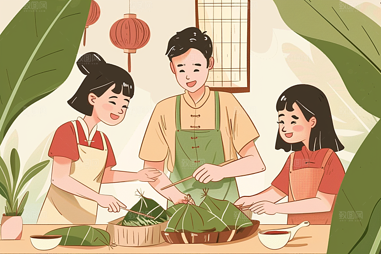 端午包粽子传统文化美食插画