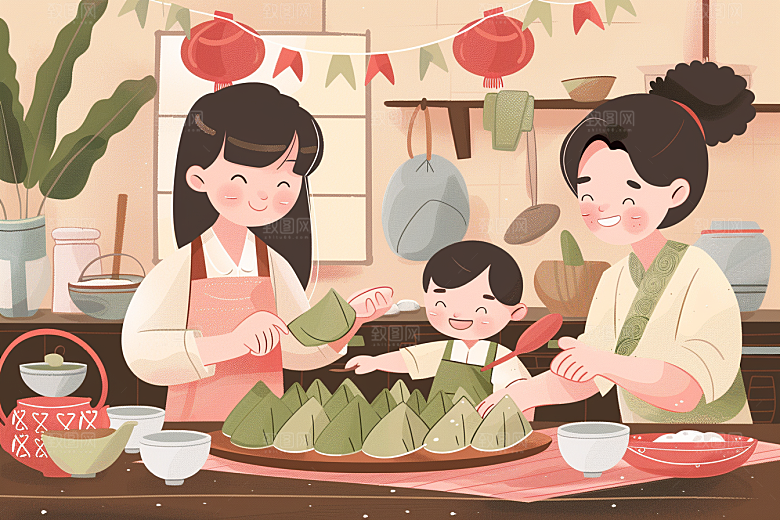 端午包粽子美味高清插画
