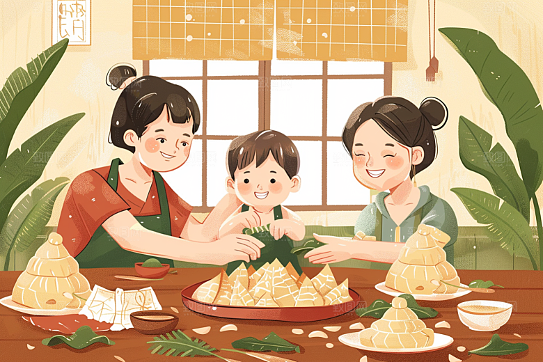 端午包粽子端午节习俗插画