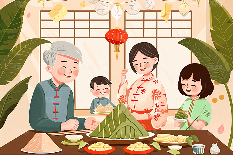 端午包粽子小吃幸福插画