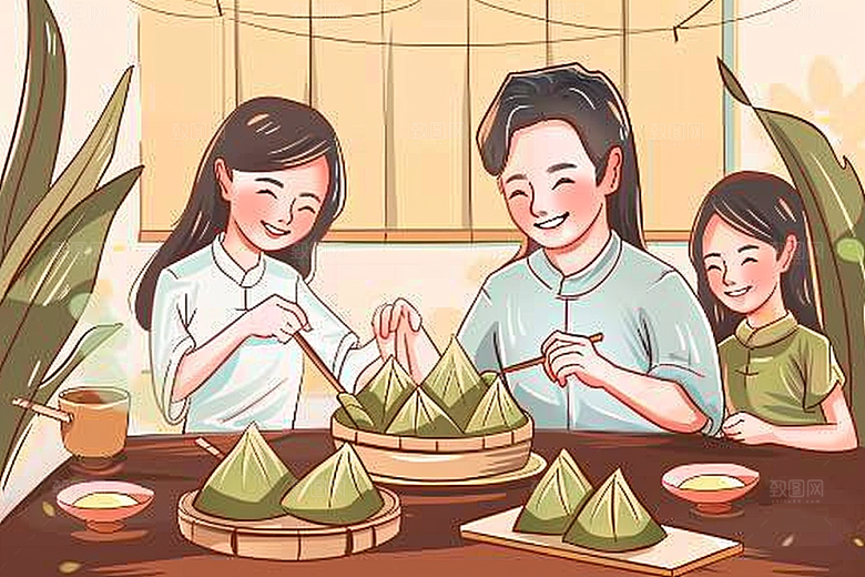 端午包粽子美味高清插画
