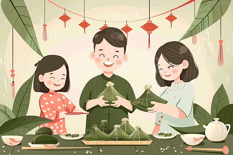 端午包粽子温馨高清插画