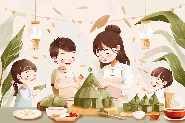 端午包粽子手绘高清插画
