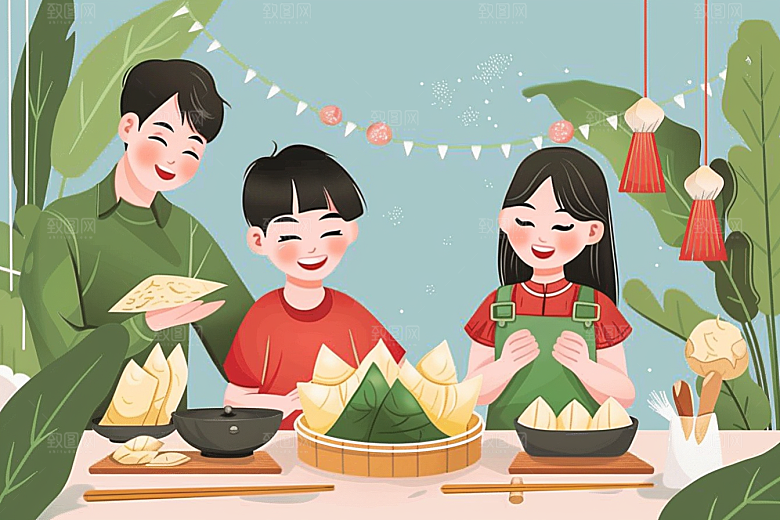 端午包粽子高清节日氛围插画