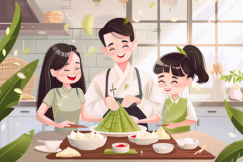 端午包粽子小吃糯米插画