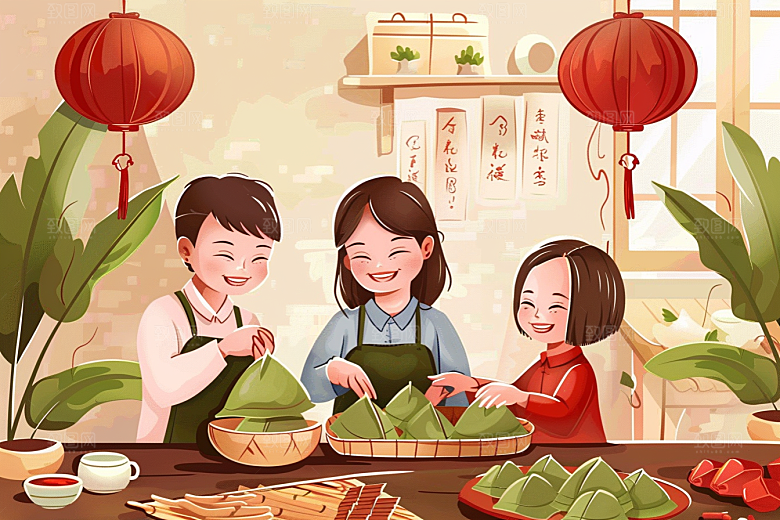 端午包粽子幸福高清插画