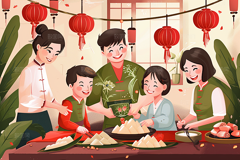 端午包粽子手绘节日氛围插画
