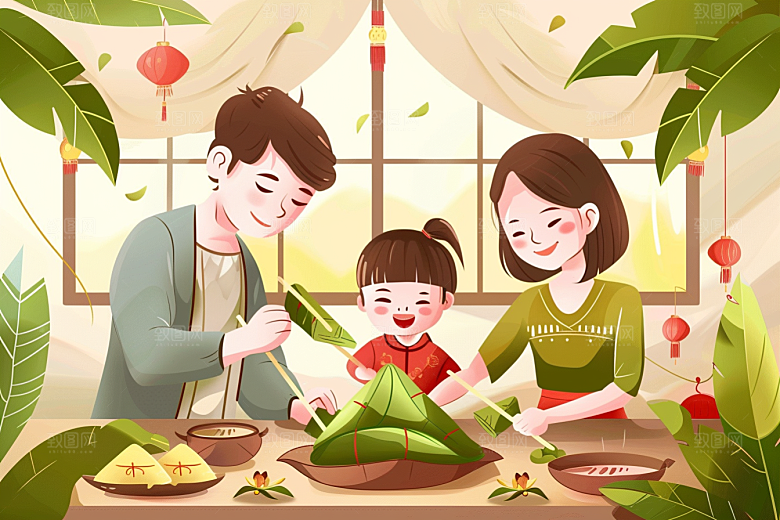 端午包粽子节日高清插画