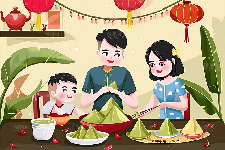 端午包粽子手绘高清插画