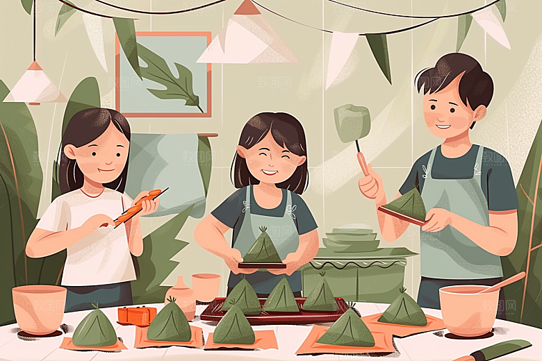 端午包粽子美味幸福插画