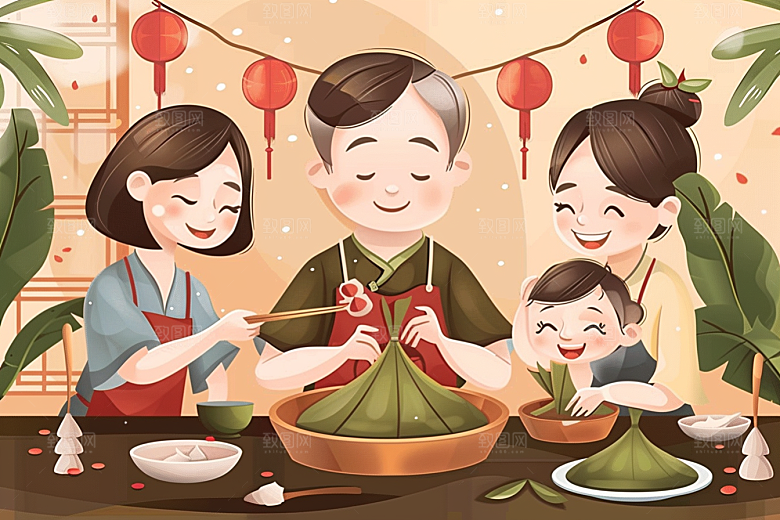端午包粽子节日小吃插画