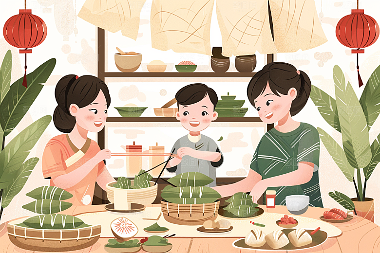 端午包粽子习俗高清插画